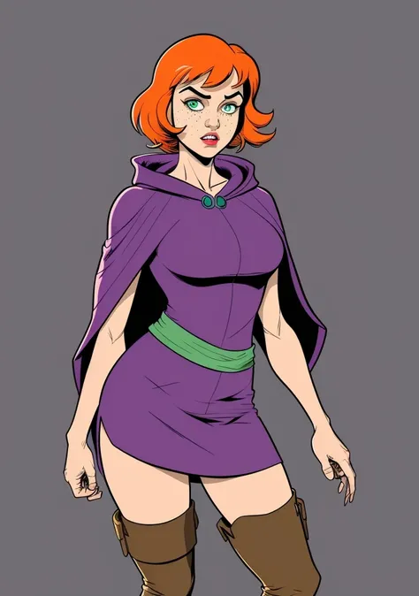 (best quality:1.35), (masterpiece:1.45), (detailed:1.15), CArtoon, (style of Rafael Albuquerque:1.3), SheilaDDQuiron character, readhead, orange hair , thigh boots, green eyes, breasts, brown footwear, freckles, purple cape, hood, (cloack:1.1), short dress, retro artstyle, <lyco:quiron_SheilaDD_Lycoris:0.7>