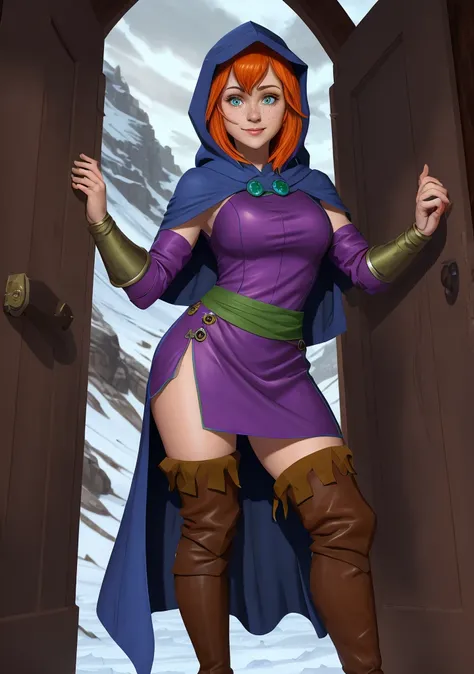 Sheila (Dungeons & Dragons Cartoon), hot sexy red hair girl, long high brown boots, purple cloak, naked female body