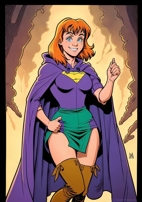 (best quality:1.35), (masterpiece:1.45), (detailed:1.15), Cartoon, (style of Arthur Adams:1.3), SheilaDDQuiron character, readhead, orange hair , smile,  thigh boots, blue eyes, perfect eyes,  breasts, brown footwear, freckles, purple cape, hood,  (cloack:1.1), short dress, retro artstyle, <lyco:quiron_SheilaDD_Lycoris:0.8>