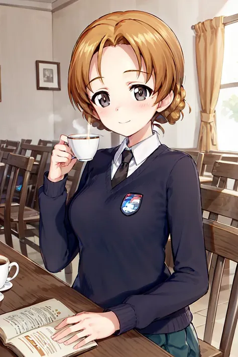 masterpiece, best quality, 1girl, solo, girls und panzer, orange pekoe, eye focus,st. gloriana's school uniform, looking at viewer,sitting on chair,open book, teatime, blush, shy, upper body, (cafe:1.2) <lora:Orange Pekoe:0.6>