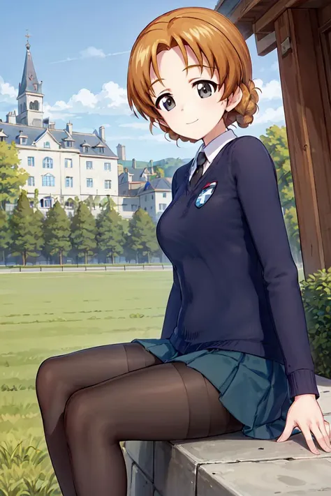 masterpiece, best quality, 1girl, solo, girls und panzer, orange pekoe,st. gloriana's school uniform, black pantyhose,looking at viewer,outside of a castle, sitting on rock,(spread legs:0.6) breeze, blue sky <lora:Orange Pekoe:0.6>