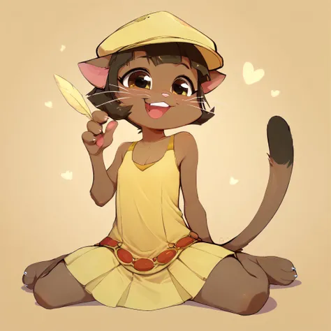 score_9, score_8_up, score_7_up, score_6_up, score_5_up, score_4_up, score_9, score_8_up, low light, solo, 1girl, ovypep,  petite, slender, dark skin, anthro cat, whiskers, small ears, slender tail, cute face, yellow dress from the 20's, big yellow cloche hat with feather, sitting on the floor, rubbing her back, laughing, busy bar,  <lora:Ivypepper:1>SATSUKIITSUKASTYLEBYRR, SATSUKIITSUKA,  <lora:SatsukiItsukaStylebyRR:1>, <lora:more_details:1>  <lora:xl_more_art-full_v1:1> <lora:ugly_style:-1>, ZPDXL