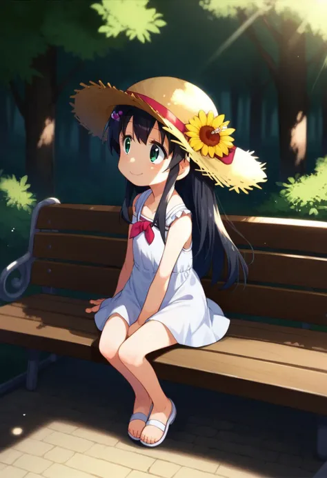 score_9, score_8_up, score_7_up, <lora:SatsukiItsukaStylebyRR:1>, satsukiitsukastylebyrr, satsukiitsuka,
1 girl, solo,white short dress, straw hat, long hair, black hair, hairpin, wide shot, in forest, path, wooden bench, sitting, smile, looking away, sunlight, hair flip, from side