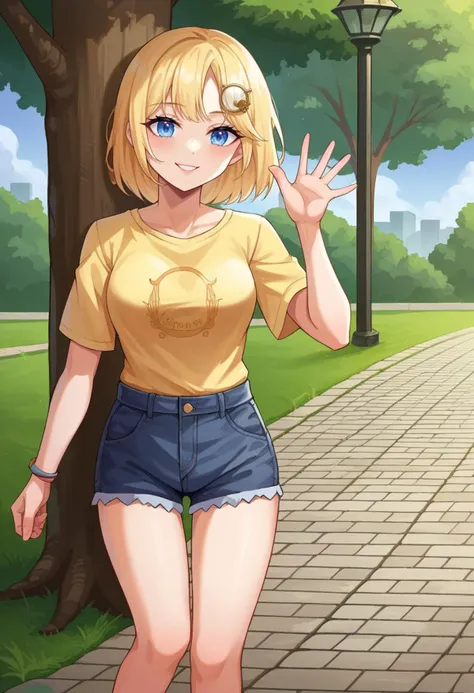 score_9, score_6_up, source_anime, park, tree, grass, cobblestone path, 1girl, solo, amelia, bob cut, monocle hair ornament, yellow t-shirt, cutoffs, waving, medium breasts<lora:watson_amelia_sdxl_pony-000009:0.8>