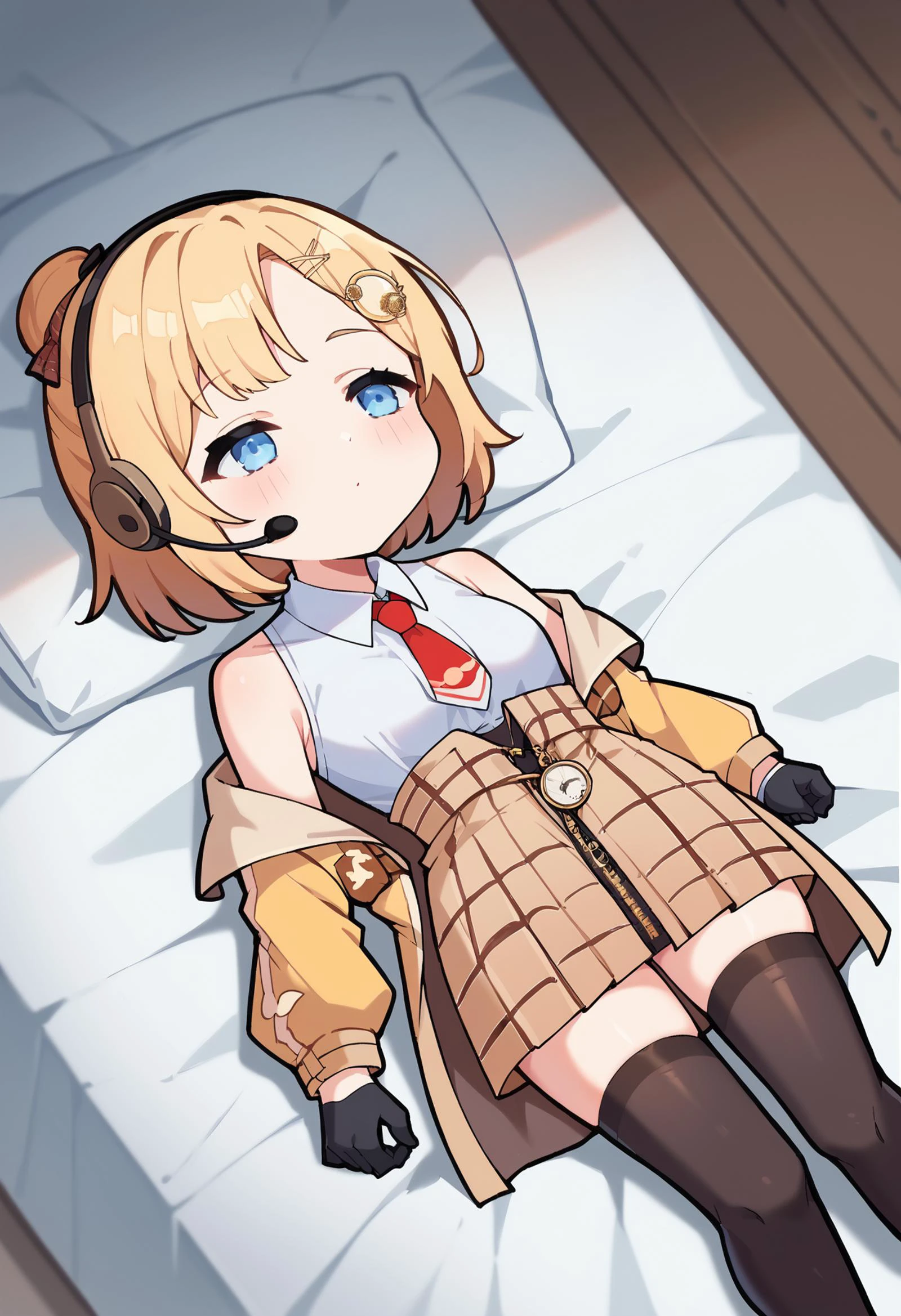 score_9, score_8_up, score_7_up, uncensored, source_anime, 1girl, <lora:QiqiFallen_XLPD:1> QiqiFallen, lying, on back, chibi, <lora:watson_amelia_sdxl_pony:1> amelia_detective, bob cut, white shirt, collared shirt, red necktie, high-waist skirt, brown skirt, plaid skirt, deerstalker, brown coat, black thighhighs, pocket watch, monocle hair ornament || amelia_astro, double bun, short hair, headset, hair ornament, yellow jumpsuit, open clothes, bare shoulders, black tube top, gloves, zipper