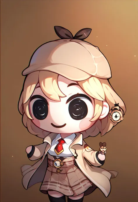 score_9, score_8_up, score_7_up, chibi, solo, 1girl, amelia_detective, smile, bob cut, white shirt, collared shirt, red necktie, high-waist skirt, brown skirt, plaid skirt, deerstalker, brown coat, black thighhighs, pocket watch, monocle hair ornament <lora:style_beegsmol_ponyXL:1.2> <lora:watson_amelia_sdxl_pony:0.85>