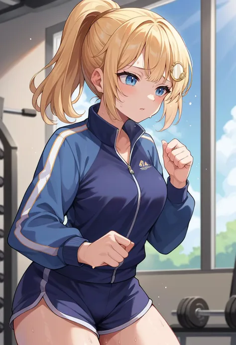 score_9, score_6_up, source_anime, gym, 1girl, solo, amelia, ponytail, monocle hair ornament, blue track jacket, blue gym shorts, sweat, medium breasts <lora:watson_amelia_sdxl_pony-000009:0.8>