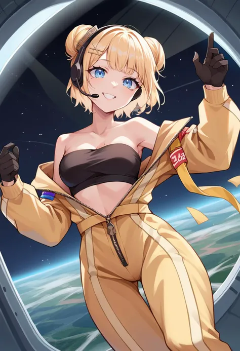 score_9, score_6_up, source_anime, spaceship interior, floating, amelia_astro, double bun, short hair, headset, hair ornament, yellow jumpsuit, open clothes, black tube top, gloves, zipper, smile, mole on breast <lora:watson_amelia_sdxl_pony-000009:1>