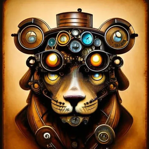 (steampunkai)++, lion with goggles on it's head, portrait, steampunk