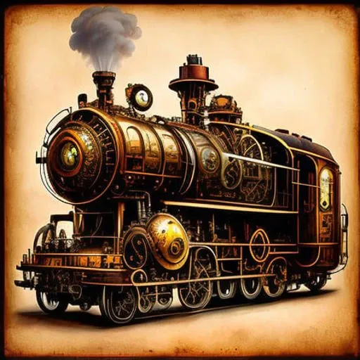 (steampunkai)++, (steampunk), steam locomotive