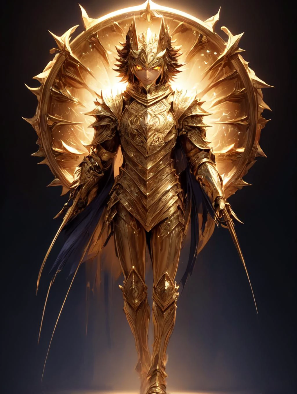 30yo 1boy, detailed face, looking at viewer, (full body shot:1.4), hdr, 8k, detailed golden eyes, standing, dark armor <lora:more_details:0.5>, <lora:Loraeyes_V1:0.4> loraeyes, <lora:Bright_Eyes:0.4> AGGA_ST002, bright pupils, <lora:DivineBeast:1> divine beast, glowing eyes, chiaroscuro lighting