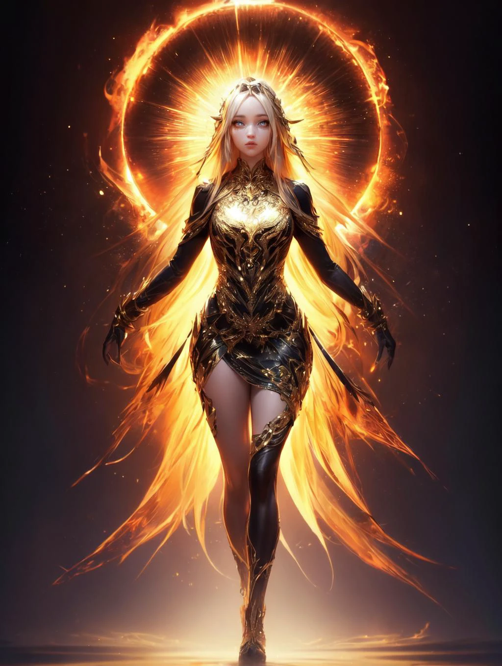 an 30yo woman, detailed face, looking at viewer, (full body shot:1.4), hdr, 8k, detailed eyes, standing <lora:more_details:0.5>, <lora:Loraeyes_V1:0.4> loraeyes, <lora:Bright_Eyes:0.4> AGGA_ST002, bright pupils, <lora:DivineBeast:1> divine beast, glowing dress, cinematic lighting