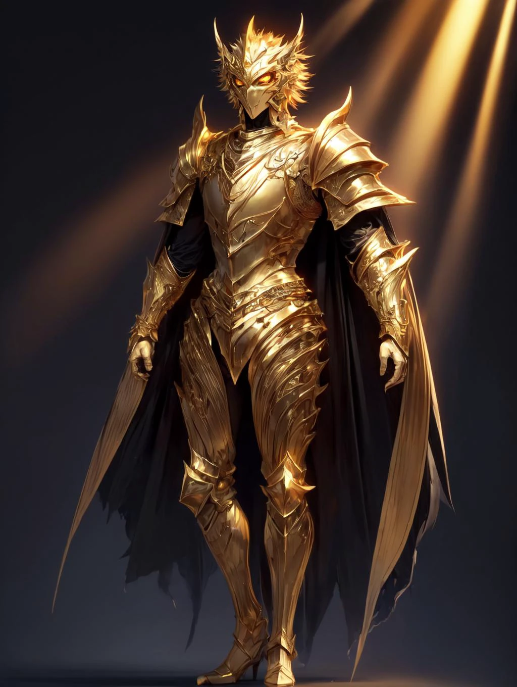 30yo 1boy, detailed face, looking at viewer, (full body shot:1.4), hdr, 8k, detailed golden eyes, standing, black armor <lora:more_details:0.5>, <lora:Loraeyes_V1:0.4> loraeyes, <lora:Bright_Eyes:0.4> AGGA_ST002, bright pupils, <lora:DivineBeast:1> divine beast, glowing eyes, chiaroscuro lighting