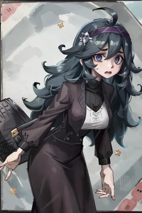 ((best quality)), ((highly detailed)), masterpiece, ((official art)), detailed face, beautiful face, (detailed eyes, deep eyes), (1girl), <lora:hexManiacPokemonLora_1:1>, hexmaniacms, ((@.@)), bags under eyes, ahoge, headband, black hair, pale skin, large breasts, , purple clothes, <lora:BumblesteakV2:.75>