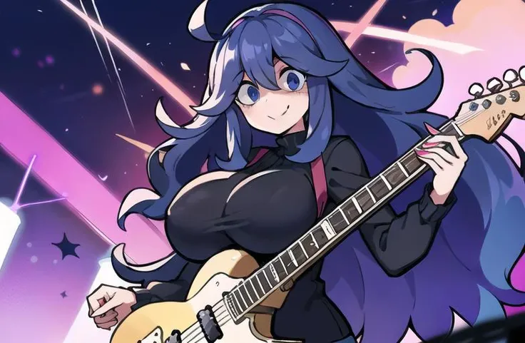 sb69chuchu,1girl, bangs, long hair,white rabbit ears, solo, blunt bangs, purple hair,big breasts,
dress,black dress,smile,open mouth,one eye closed,looking at viewer,
guitar,
concert, stage, stage lights,
<lyco:sb69chuchu_any45_lh:1>