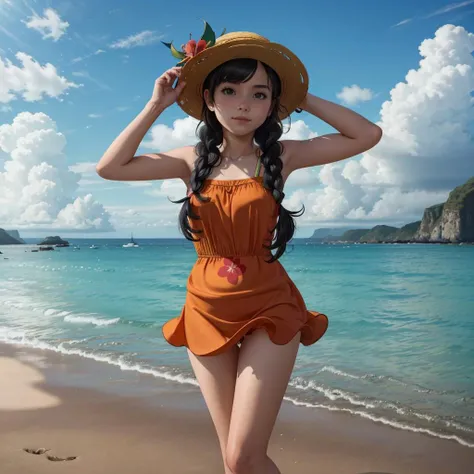 <lora:add_detail:0.4>,<lora:breastinclassBetter:0.4>, <lora:selene_(pokemon)_v1:0.6>, photorealistic, hyper realistic, RAW photo, intricate details, absurdres, realistic anime, perfect anatomy, 18 year old female as selene1, 1girl, selene1, 1girl, selene \(pokemon\), solo, grey eyes, (black hair, braid, twin braids, twintails, long hair), (flower, red flower, hat, straw hat, hat flower, green stripe hat), (orange sundress), (full body shot, pointing at viewer, leg stretching exercise), (cloud, cloudy sky), day, depth of field, dock, beach, blue sky, mountainous horizon, ocean, outdoors, pier, waves, acoustic guitar, guitar, playing instrument, pubis mons, camel toe, erected nipples, highly detailed hair, highly detailed face, SFW