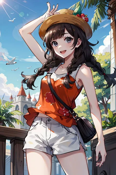 masterpiece, best quality, solo, 1girl, detailed lighting, highres, dynamic pose, big smile, clear skies, palm trees, outside,
<lora:add_detail:0.2>
<lora:CosmicEyes:0.2>, grey eyes,
<lora:selene_(pokemon)_v1:0.6>, selene2, white shorts, selene \(pokemon\), twin braids, shirt, hat flower, long hair, bangs, red flower, orange shirt, eyelashes, sleeveless, brown hair, brown headwear, grey eyes, sleeveless shirt, short shorts, jewelry