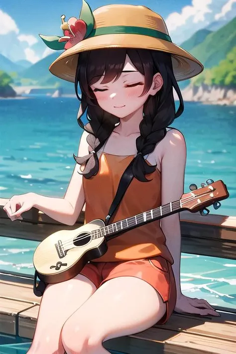 masterpiece, best quality, highres, selene2, 1girl, selene2, 1girl, selene \(pokemon\), twin braids, shirt, hat flower, long hair, bangs, red flower, orange shirt, eyelashes, sleeveless, brown hair, brown headwear, closed eyes, sleeveless shirt, short shorts, jewelry, floral print, <lora:selenePokemon_v10:0.6>, sitting, playing ukulele, water, bridge