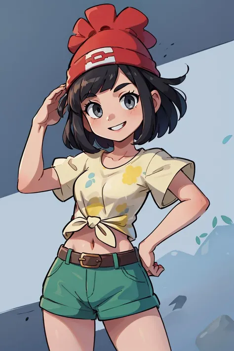((masterpiece,best quality)), absurdres, <lora:selene_(pokemon)_v1:0.7>, selene \(pokemon\), solo, grey eyes, black hair, green shorts, red headwear, beanie, shirt, tied shirt, floral print, short hair, short sleeves, short shorts, striped, yellow shirt, belt, midriff, solo, smiling, looking at viewer, cowboy shot, cinematic composition, dynamic pose, contrapposto,