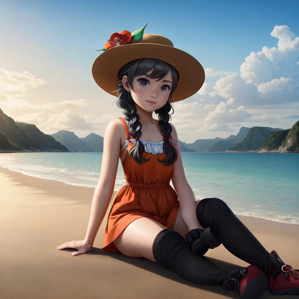 <lora:add_detail:0.4>,<lora:breastinclassBetter:0.4>, <lora:selene_(pokemon)_v1:0.6>, photorealistic, hyper realistic, RAW photo, intricate details, absurdres, realistic anime, perfect anatomy, 18 year old female as selene1, 1girl, selene1, 1girl, selene \(pokemon\), solo, grey eyes, (black hair, braid, twin braids, twintails, long hair), (flower, red flower, hat, straw hat, hat flower, green stripe hat), (orange sundress), (full body shot, pointing at viewer, leg stretching exercise), (cloud, cloudy sky), day, depth of field, dock, beach, blue sky, mountainous horizon, ocean, outdoors, pier, waves, acoustic guitar, playing instrument, pubis mons, camel toe, erected nipples, highly detailed hair, highly detailed face, SFW
