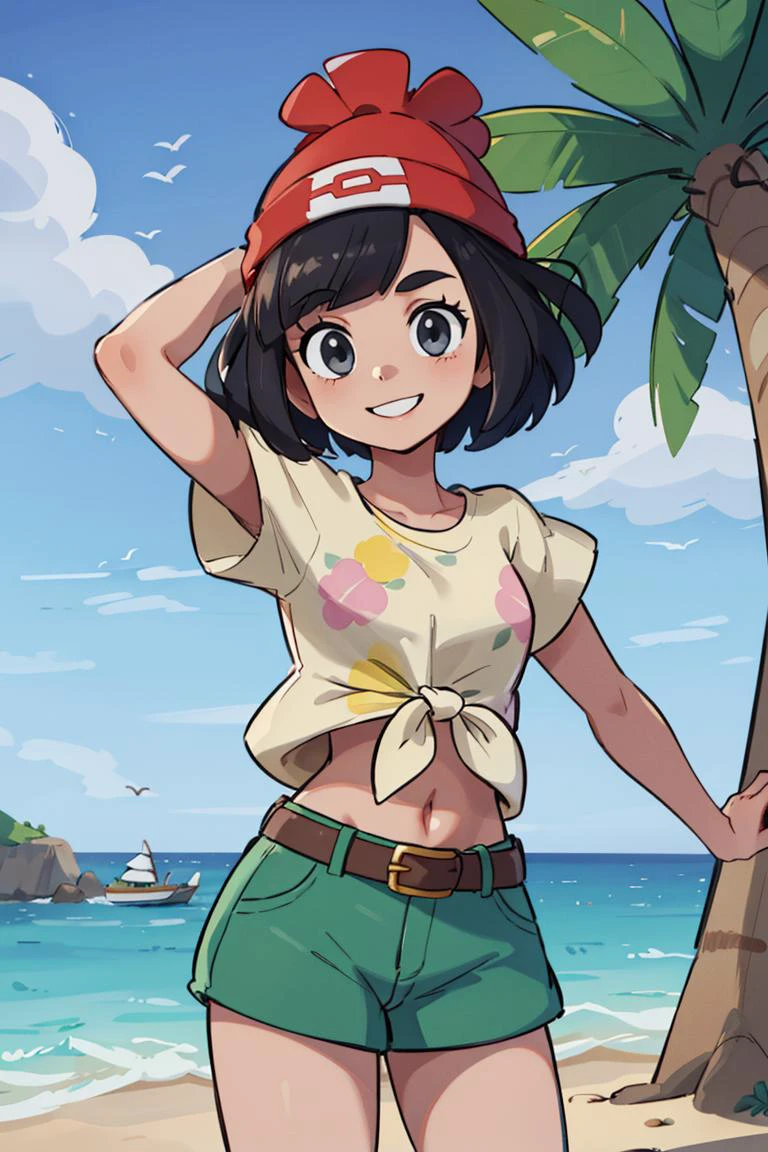 ((masterpiece,best quality)), absurdres, <lora:selene_(pokemon)_v1:0.7>, selene \(pokemon\), solo, grey eyes, black hair, green shorts, red headwear, beanie, shirt, tied shirt, floral print, short hair, short sleeves, short shorts, striped, yellow shirt, belt, midriff, solo, smiling, looking at viewer, cowboy shot, cinematic composition, dynamic pose, palm tree and beach in background,