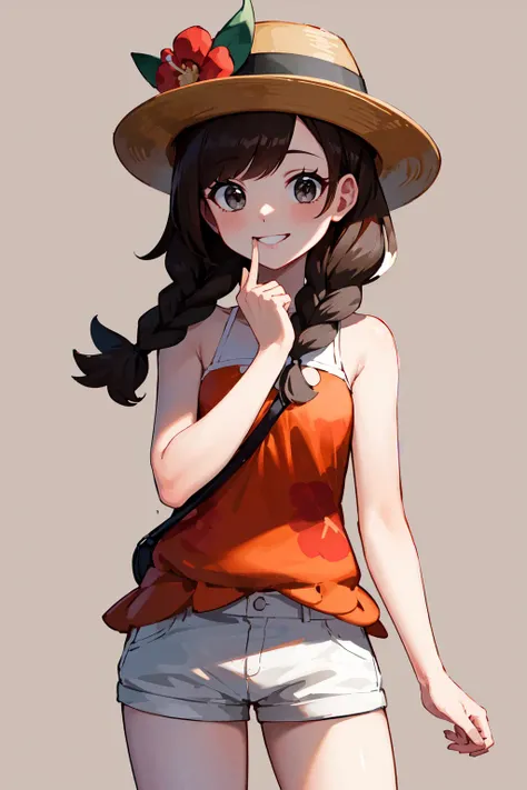 masterpiece, best quality, highres, selene2, 1girl, solo, white shorts, selene \(pokemon\), twin braids, shirt, hat flower, long hair, bangs, red flower, orange shirt, eyelashes, sleeveless, brown hair, brown headwear, grey eyes, sleeveless shirt, short shorts, jewelry, floral print, <lora:selene_(pokemon)_v1:0.6>, cowboy shot, smile, stading,