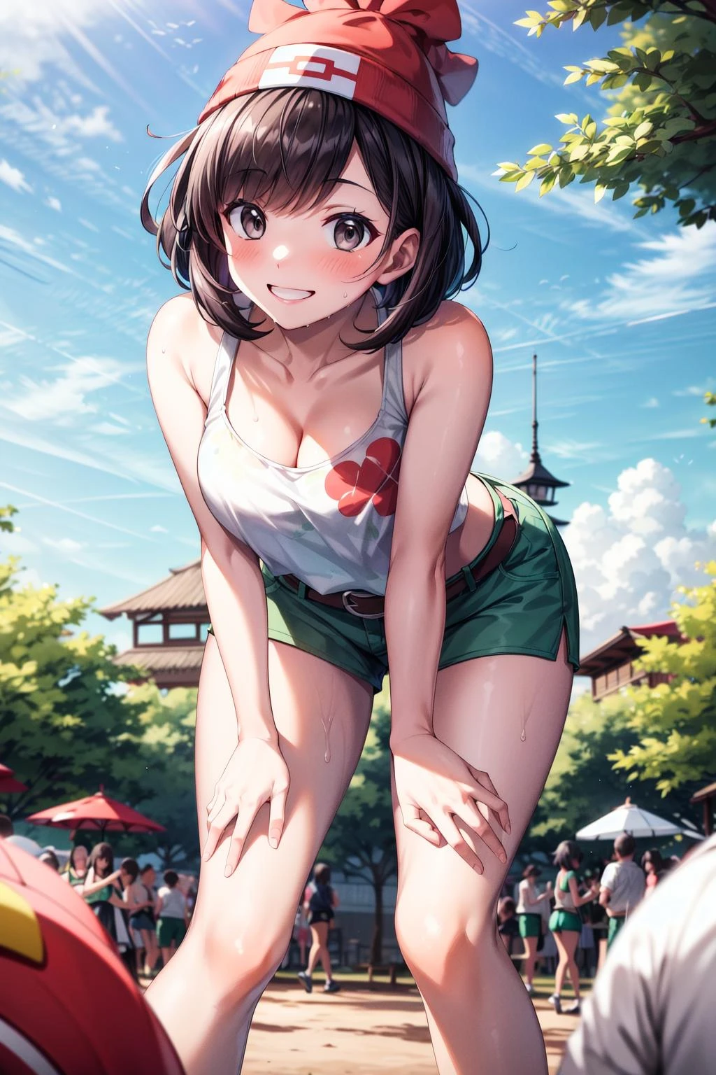masterpiece, best quality, highres, selene1, 1girl, selene \(pokemon\),solo, grey eyes, black hair, short hair, thumbs,
red beanie, white tank top, white crop top, floral print, green shorts, short shorts, brown belt, thighs,knees, cleavage,sweat,
smile, blush,standing, summer festival, festival, park, trees, store,
<lora:selene_(pokemon)_v1:0.6>, <lora:add_detail:1>