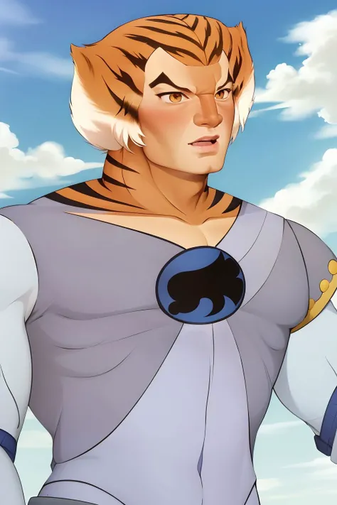 photography of tygra, 1boy, two-tone hair, orange eyes, tiger stripes, orange skin, multicolored bodysuit, long sleeves, upper body <lora:tygra_v1:1:MIDD>