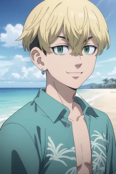 masterpiece, best quality, high quality, 1boy, solo, male focus, looking at viewer, <lora:MatsunoChifuyu-10:0.85>, chifuyu matsuno, blonde hair, short hair, earrings, jewelry, bangs, hair between eyes, single earring, green eyes, undercut, beach, ocean, hawaiian shirt, open shirt, open clothes, eyewear on head, smile