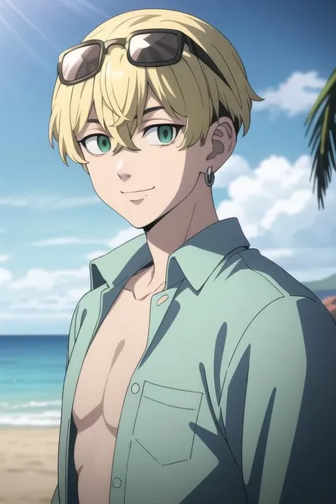 masterpiece, best quality, high quality, 1boy, solo, male focus, looking at viewer, <lora:MatsunoChifuyu-10:0.66>, chifuyu matsuno, blonde hair, short hair, earrings, jewelry, bangs, hair between eyes, single earring, green eyes, undercut, beach, ocean, hawaiian shirt, open shirt, open clothes, eyewear on head, smile