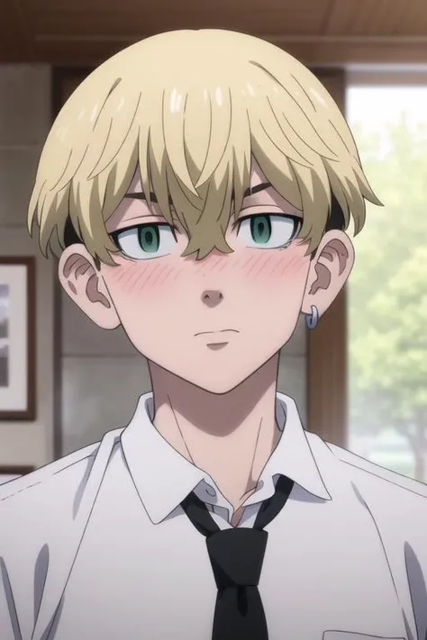masterpiece, best quality, high quality, 1boy, solo, male focus, looking at viewer, <lora:MatsunoChifuyu-10:0.83>, chifuyu matsuno, blonde hair, short hair, earrings, jewelry, bangs, hair between eyes, single earring, green eyes, undercut, dress shirt, necktie, formal, wedding, groom, blush