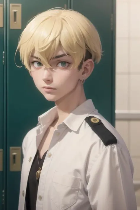 masterpiece, best quality, high quality, 1boy, solo, male focus, looking at viewer, <lora:MatsunoChifuyu-10:0.71>, chifuyu matsuno, blonde hair, short hair, earrings, jewelry, bangs, hair between eyes, single earring, green eyes, undercut, military uniform, military hat, open shirt, locker room, bandages
