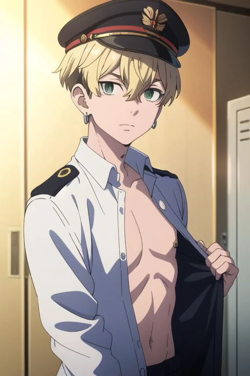 masterpiece, best quality, high quality, 1boy, solo, male focus, looking at viewer, <lora:MatsunoChifuyu-10:0.75>, chifuyu matsuno, blonde hair, short hair, earrings, jewelry, bangs, hair between eyes, single earring, green eyes, undercut, military uniform, military hat, open shirt, undressing, locker room,