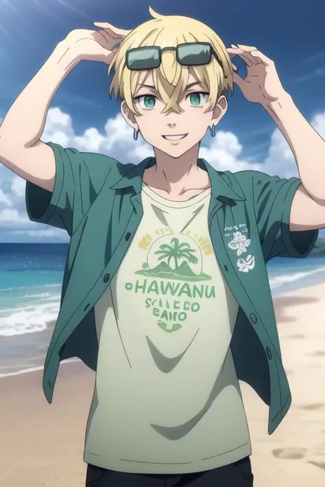 masterpiece, best quality, high quality, 1boy, solo, male focus, looking at viewer, <lora:MatsunoChifuyu-10:0.75>, chifuyu matsuno, blonde hair, short hair, earrings, jewelry, bangs, hair between eyes, single earring, green eyes, undercut, beach, ocean, hawaiian shirt, open shirt, open clothes, eyewear on head, smile