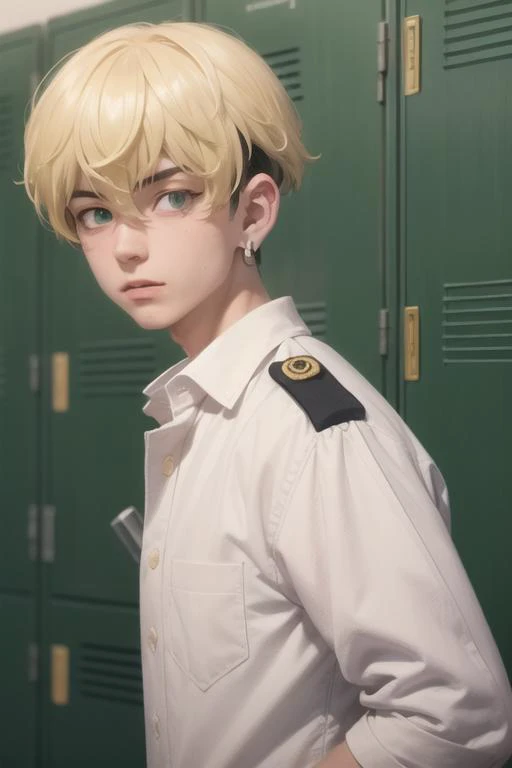 masterpiece, best quality, high quality, 1boy, solo, male focus, looking at viewer, <lora:MatsunoChifuyu-10:0.71>, chifuyu matsuno, blonde hair, short hair, earrings, jewelry, bangs, hair between eyes, single earring, green eyes, undercut, military uniform, military hat, open shirt, locker room, bandages