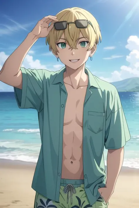 masterpiece, best quality, high quality, 1boy, solo, male focus, looking at viewer, <lora:MatsunoChifuyu-10:0.83>, chifuyu matsuno, blonde hair, short hair, earrings, jewelry, bangs, hair between eyes, single earring, green eyes, undercut, beach, ocean, hawaiian shirt, swim trunks, open shirt, open clothes, eyewear on head, smile