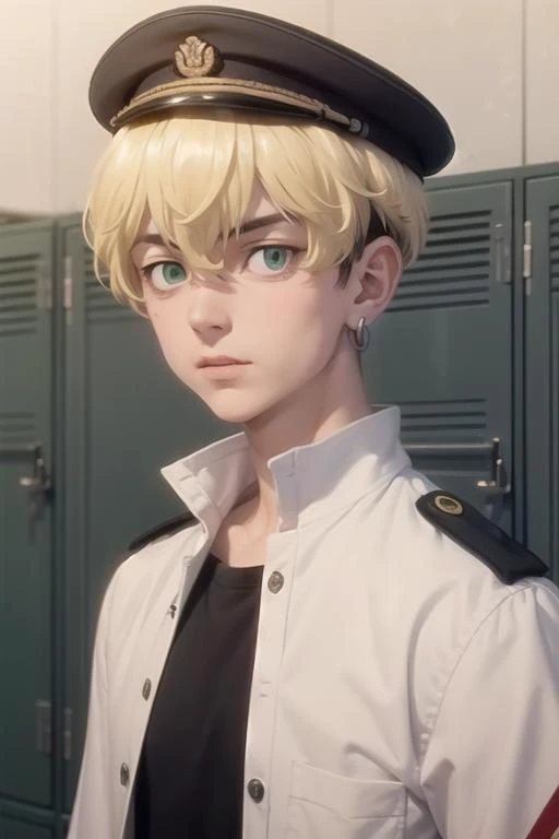 masterpiece, best quality, high quality, 1boy, solo, male focus, looking at viewer, <lora:MatsunoChifuyu-10:0.79>, chifuyu matsuno, blonde hair, short hair, earrings, jewelry, bangs, hair between eyes, single earring, green eyes, undercut, military uniform, military hat, open shirt, locker room, bandages