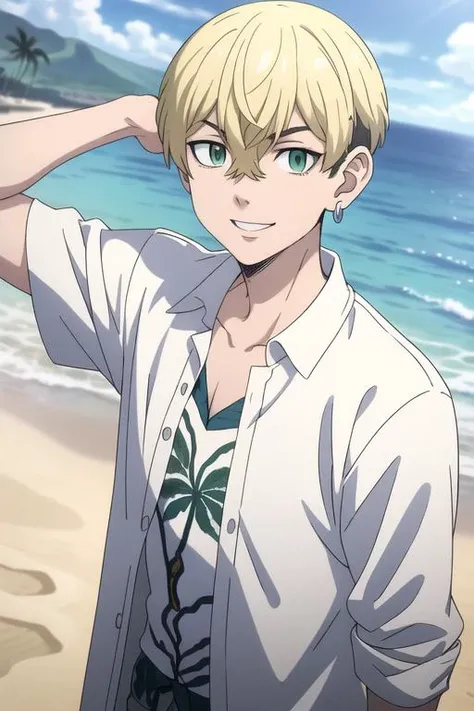 masterpiece, best quality, high quality, 1boy, solo, male focus, looking at viewer, <lora:MatsunoChifuyu-10:0.76>, chifuyu matsuno, blonde hair, short hair, earrings, jewelry, bangs, hair between eyes, single earring, green eyes, undercut, beach, ocean, hawaiian shirt, open shirt, open clothes, eyewear on head, smile