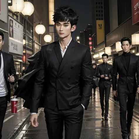 1 boy, black hair, korean,handsome,abs,pecs,masterpiece,best quality,highres, 8K,photography,realistic, <lora:Kimsoohyun-000008:0.85>,(Blunt bangs:1.2),looking at viewer,mature,full body,Kim Soo Hyun, walking,city night view,