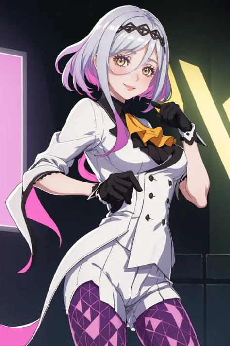 masterpiece, best quality, solo, 1girl, looking at viewer, smile, <lora:figue-sh-richy-v1:1>, figue, white jacket, ascot, pantyhose, white shorts, half gloves, <lora:FE-ENGAGE S Rank_Fp:1>,