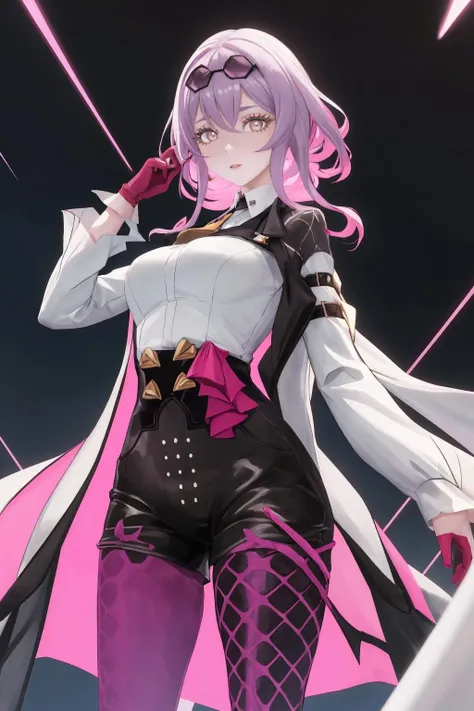masterpiece, best quality, 1girl, solo, looking at viewer, standing, <lora:figue-sh-richy-v1:1> figue, white jacket, ascot, black shirt, pantyhose half gloves, white shorts, pantyhose, eyewear on head, <lora:KafkaOutfit:1> kafka