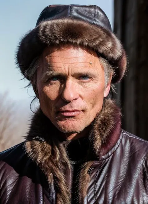 eh1 close up, male, masculine, (wearing Quilted shirt, wool pants, leather belt, lace-up boots, fur hat, hunting knife) 1man, male focus, (RAW photo, 4k, masterpiece, high res, extremely intricate) (photorealistic:1.4), cinematic lighting , solo focus, outdoors, the upper part of the body, masterpiece, best quality, extremely detailed CG unity 8k wallpaper, beautiful detailed eyes, artbook, photo, real, realistic, Expressive Hues, Vibrant Palette <lora:EdHarris:1>
