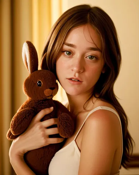upper body photo of (ch103s3v:.9) holding a stuffed (brown) bunny, cinematic lighting