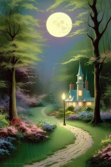 <lora:Thomas Kinkade Style:1>Thomas Kinkade Style - wide grass path in lower right corner, leading to princess castle in the woods, small lamp post in lower right corner, beautiful spring evening, large bright moon, spring flowers, in the style of Thomas Kinkadear3:2s750v5.1q2
