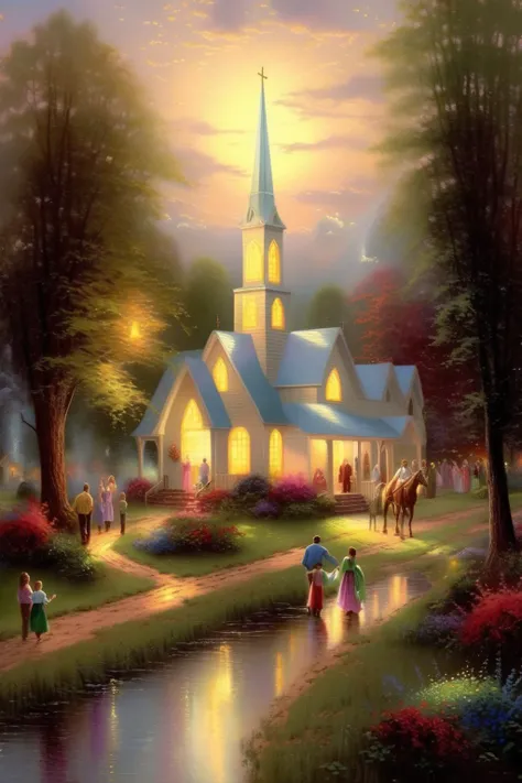 <lora:Thomas Kinkade Style:1>Thomas Kinkade Style - Thomas kinkade style painting church countryside family majesty light serving Jesus