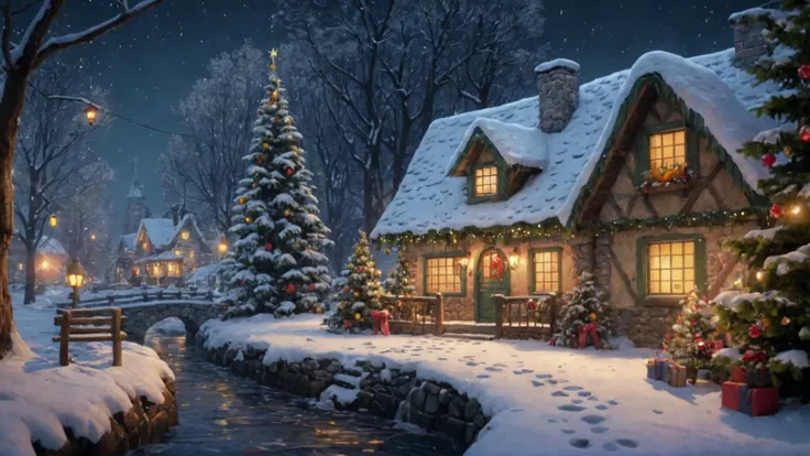 An adorable small cottage in a town in the forest with Christmas decoration and colorful lights, at night
(Frozen stream:0.8), Christmas tree, Snow leopard, snowing, particles
Masterpiece, intrincate details, sharp focus, 4k 8k hires highres
<lora:XL-DetailTweaker_1---3~1.5~3:2.5>, Thomas Kinkade Style, northern lights, aurora borealis