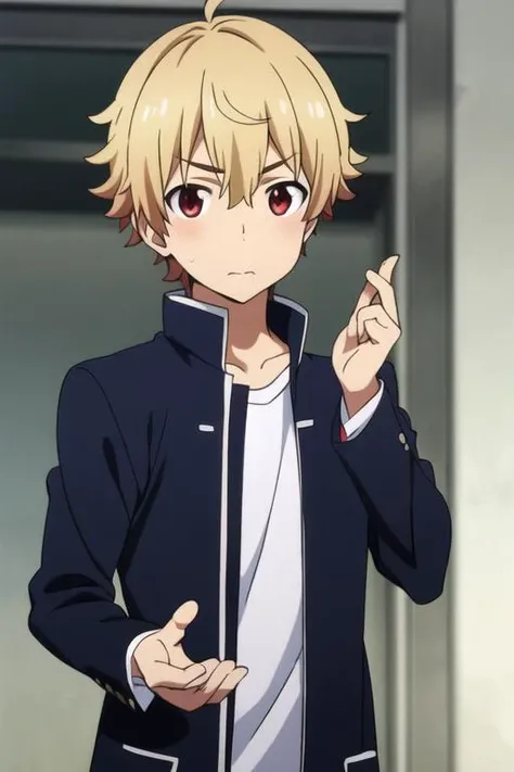 masterpiece, best quality, high quality, 1boy, solo, male focus, looking at viewer, upper body, <lora:subaru_uchimaki:0.74>, subaru_uchimaki, blonde hair, red eyes, gakuran