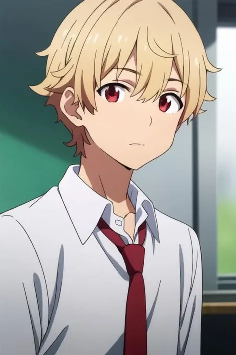 masterpiece, best quality, high quality, 1boy, solo, male focus, looking at viewer, upper body, <lora:subaru_uchimaki:0.70>, subaru_uchimaki, blonde hair, red eyes, formal, necktie, dress shirt