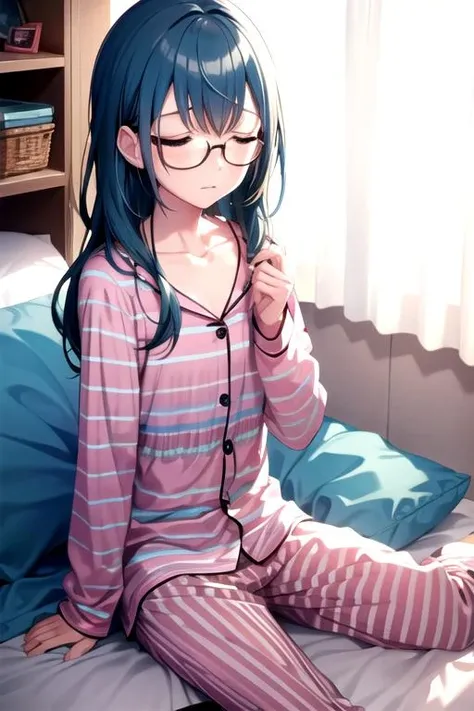 <lora:Kohane3rd-01:0.78>, kohane3rd, long hair, shirt, 1boy, sitting, blue hair, collarbone, closed eyes, glasses, striped, pants, indoors, pillow, bed, on bed, sleeping, curtains, light particles, vertical stripes, lens flare, pajamas, computer, bedroom, laptop, pink pajamas
