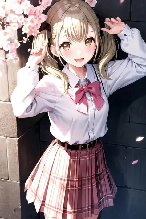 <lora:Kohane3rd-01:0.78>, kohane3rd, looking at viewer, smile, open mouth, skirt, shirt, long sleeves, bow, ribbon, twintails, jewelry, standing, hair ribbon, white shirt, braid, flower, :d, hair bow, pleated skirt, outdoors, striped, collared shirt, belt, hand up, medium hair, black footwear, blurry, arm up, fingernails, plaid, petals, neck ribbon, buttons, depth of field, shadow, low twintails, from above, happy, sunlight, looking up, short twintails, cherry blossoms, brooch, musical note, light particles, pink flower, light blush, black belt, blurry foreground, branch, dot nose, looking afar, wall, pink theme, street, striped ribbon, shading eyes, stone floor